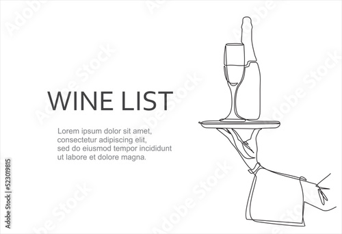 Wine list. Continuous line one drawing of hand holding dish with bottle and a glass drawn from the hand a picture of the silhouette. Line art. a bottle of champagne with a wine glass