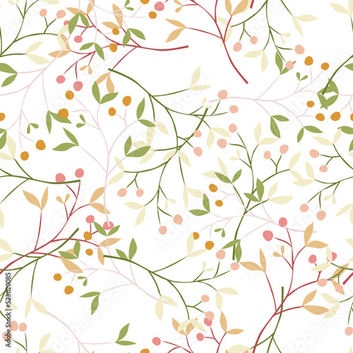 Hand drawn berry elements with leaves seamless pattern. Doodle botanical plants wallpape. © smth.design