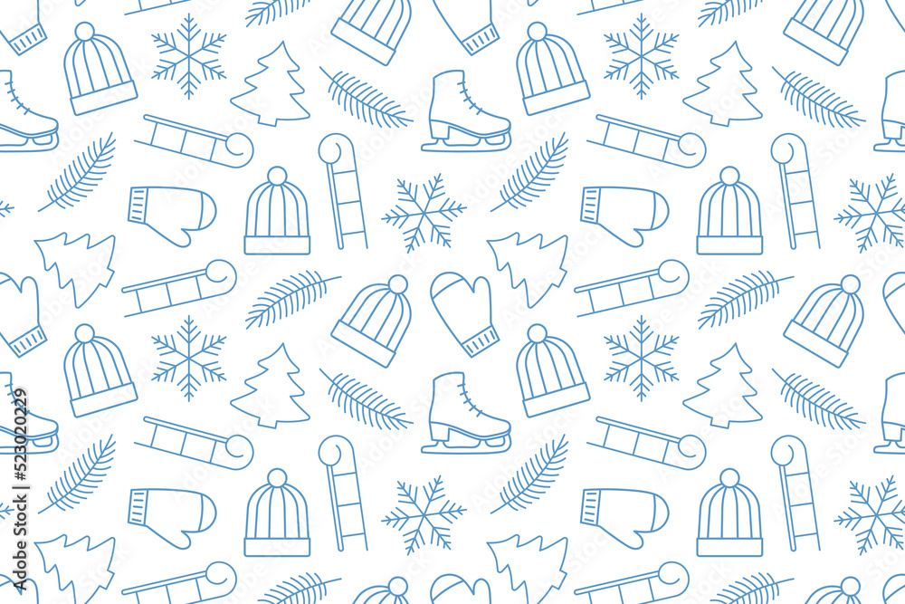 christmas, winter seamless pattern with fir tree, snowflake, sleds, skates, hat and gloves, great for wrapping, textile, wallpaper, greeting card- vector illustration christmas, winter seamless pattern with fir tree, snowflake, sleds, skates, hat and gloves, great for wrapping, textile, wallpaper, greeting card- vector illustration