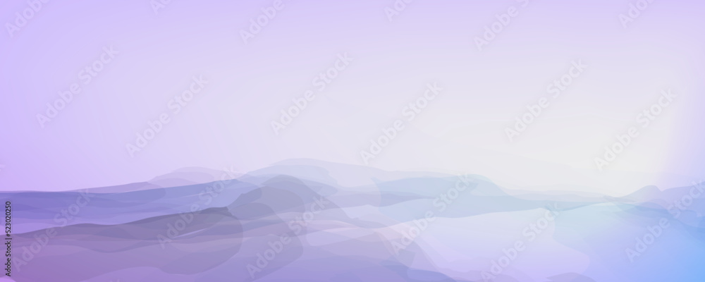 Watercolor mountains panorama. Purple background with place for text. Light serene abstract landscape. Vector illustration suitable for booklets, web, brochures, flyers.