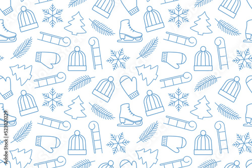 Fototapeta Naklejka Na Ścianę i Meble -  christmas, winter seamless pattern with fir tree, snowflake, sleds, skates, hat and gloves, great for wrapping, textile, wallpaper, greeting card- vector illustration