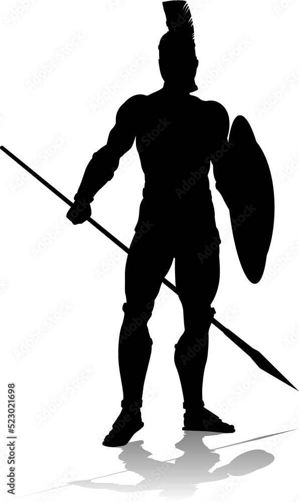 A Spartan or Trojan ancient Greek hoplite warrior silhouette. Could also be a Roman gladiator. A Spartan or Trojan ancient Greek hoplite warrior silhouette. Could also be a Roman gladiator.