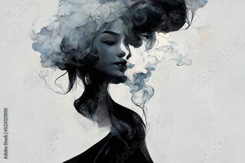 The woman in the smoke on gray background.