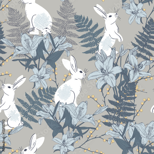 Hand drawn vintage magic forest seamless pattern with bunnies, lillies and fern.