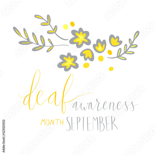 Deaf awareness month september handwritten calligraphy. Vector card template. Yellow and gray support ribbon.