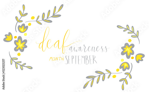 Deaf awareness month september handwritten calligraphy. Vector card template. Yellow and gray support ribbon.