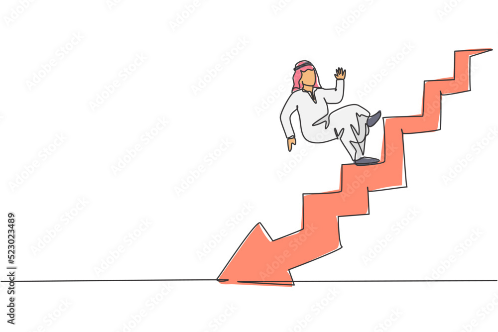 Single one line drawing of young Arabic businessman falling from stairs down to bankruptcy. Failure business strategy minimal concept. Modern continuous line draw design graphic vector illustration Single one line drawing of young Arabic businessman falling from stairs down to bankruptcy. Failure business strategy minimal concept. Modern continuous line draw design graphic vector illustration