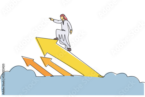 Continuous one line drawing young Arab businessman ride up cloudy arrow sign and flying to the sky. Business financial increase minimalist concept. Single line draw design vector graphic illustration