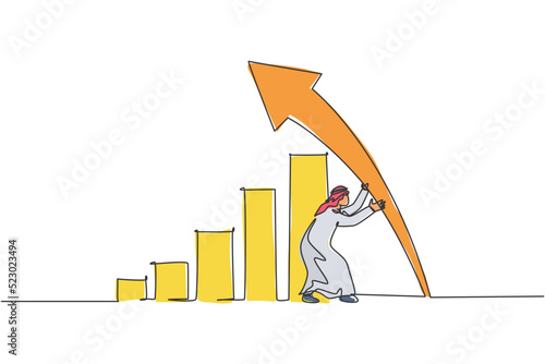 Single one line drawing of young Arabic businessman establish arrow bar sign up. Success business growth strategy minimal concept. Modern continuous line draw design graphic vector illustration