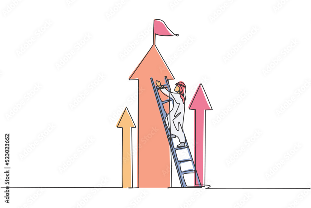 Single continuous line drawing of young Arabian businessman climb the ...