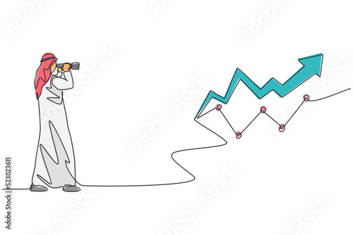 Single continuous line drawing of young Arabian businessman looking increase investment progress graph. Professional worker. Minimalism concept dynamic one line draw graphic design vector illustration