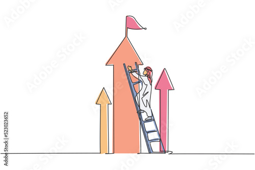 Single continuous line drawing of young Arabian businessman climb the arrow symbol up to reach the top. Professional worker. Minimalism concept dynamic one line draw graphic design vector illustration