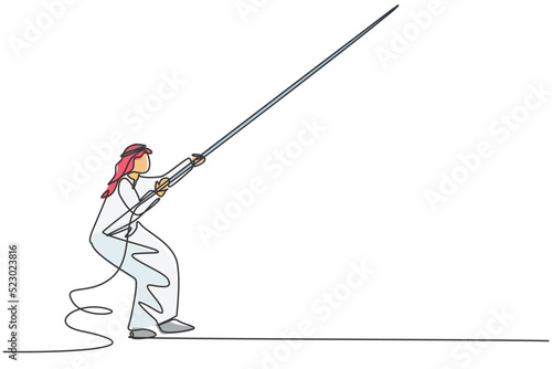 Single continuous line drawing of young Arabian businessman pulling the rope down from the sky. Professional worker. Minimalism concept dynamic one line draw graphic design vector illustration