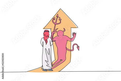Single one line drawing of young Arabic businessman facing his scary devil shadow on wall. Hidden bad human character minimal concept. Modern continuous line draw design graphic vector illustration