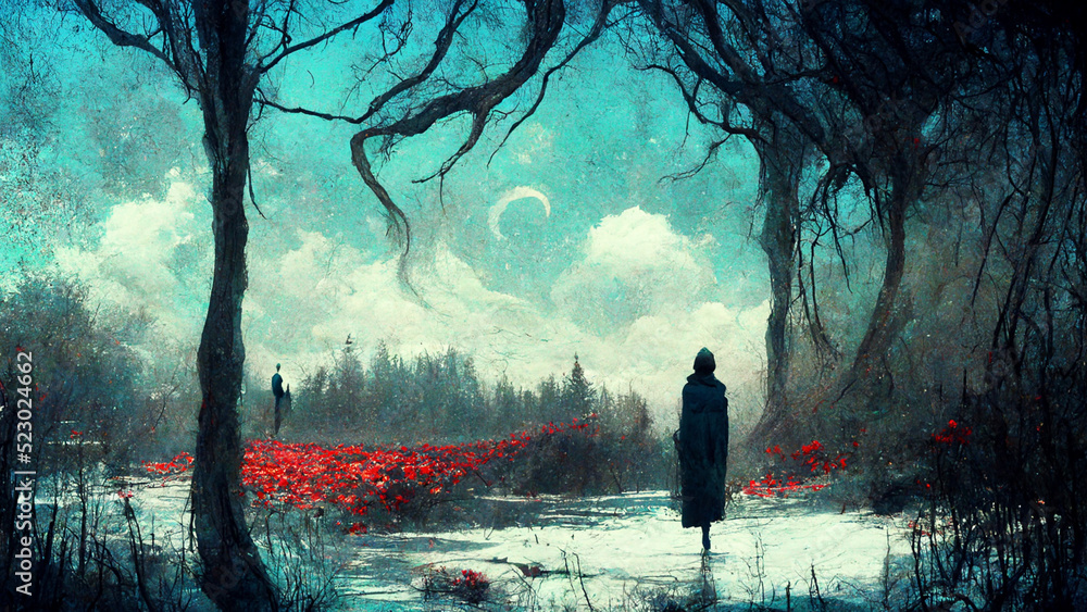 Fototapeta premium A woman standing is looking to the moon.