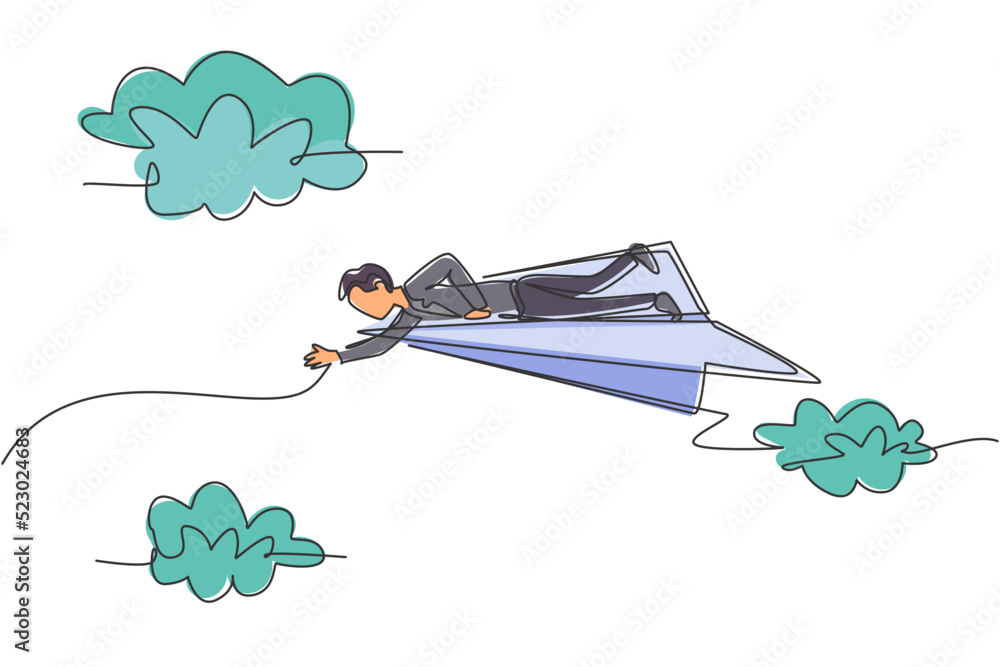 Single one line drawing of young smart business man lay down on flying ...