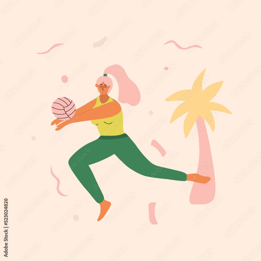 Young girl is playing beach volleyball, receives a volleyball after an opponent's attack. Summer healthy lifestyle concept. Vector illustration for sports school, volleyball camp, t-shirt, flyer.