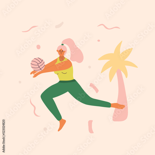 Young girl is playing beach volleyball  receives a volleyball after an opponent s attack. Summer healthy lifestyle concept. Vector illustration for sports school  volleyball camp  t-shirt  flyer.
