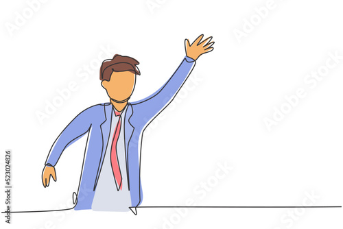 Single one line drawing of young smart business man give hello greeting to his business partner. Business teamwork concept. Modern continuous line draw. Minimal design graphic vector illustration