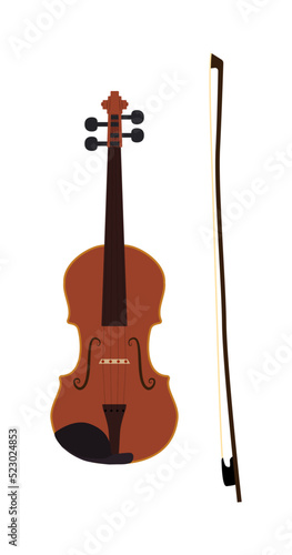 Violin with a bow. Musical instrument in vector on white background