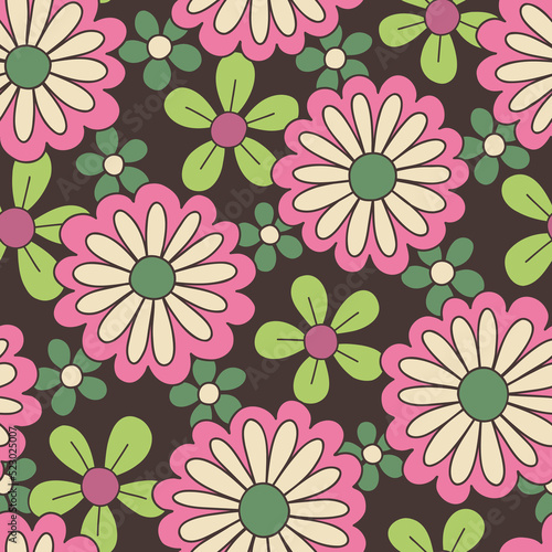 Colorful Large Scale Hand-Drawn Floral Vector Seamless Pattern. Retro 70s Style Nostalgic Daisies. Fashion Textile Bold Background. Summer Resort Print. Flower Power