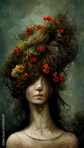 Artistic abstract women portrait and flowers in the hair