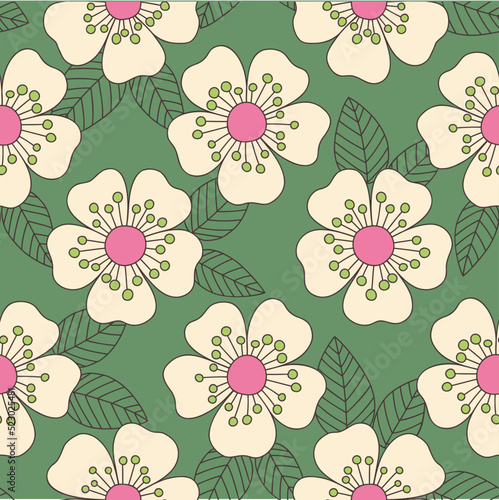 Colorful Medium Scale Hand-Drawn Floral Vector Seamless Pattern. Retro 70s Style Nostalgic Daisies. Fashion Textile Bold Background. Summer Resort Print. Flower Power
