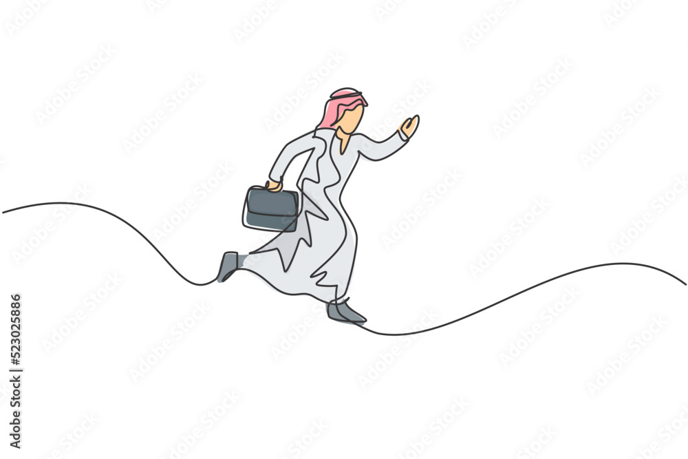 Continuous one line drawing of young happy Arab male worker jumping high to the sky. Success business manager minimalist metaphor concept. Single line draw design vector graphic illustration Continuous one line drawing of young happy Arab male worker jumping high to the sky. Success business manager minimalist metaphor concept. Single line draw design vector graphic illustration