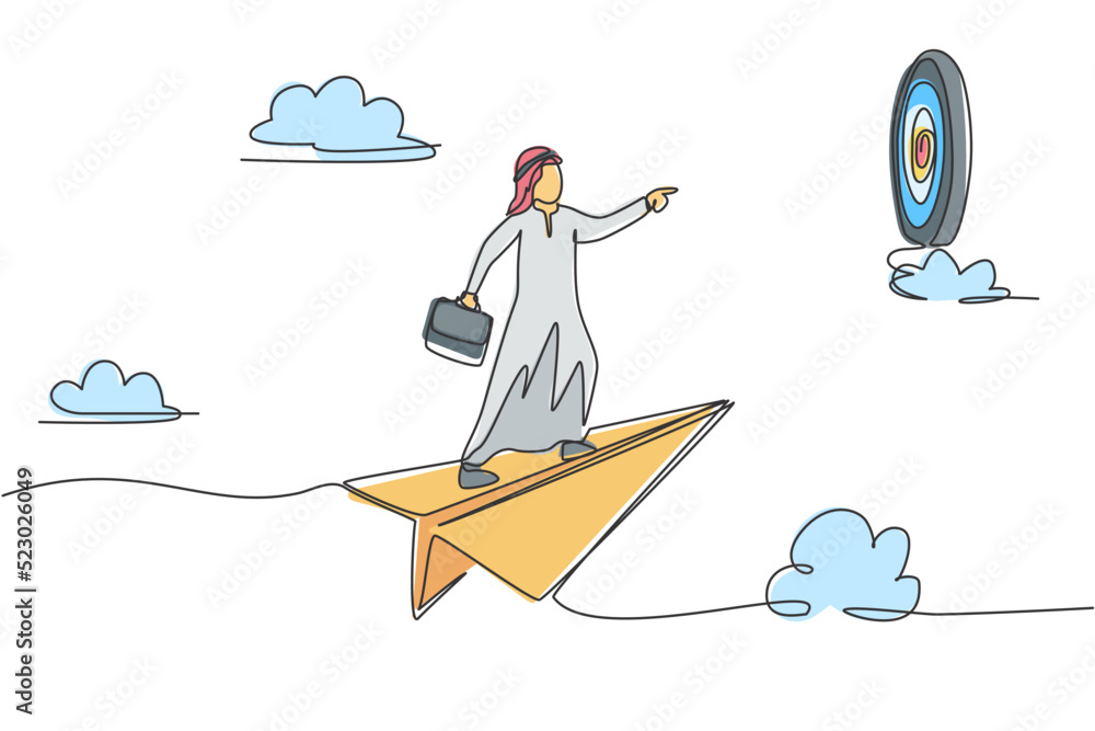 Continuous one line drawing young Arab male worker flying with paper plane to hit target on dartboard. Success manager minimalist metaphor concept. Single line draw design vector graphic illustration