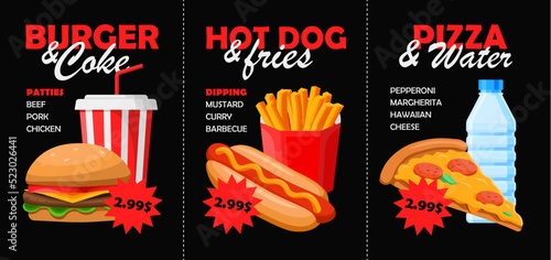 Fast food special offer vector menu template on black background. Set of different fast foods and drinks in cartoon style. Burger, pizza, french fries, hot dog, water, soda. Fast food discount
