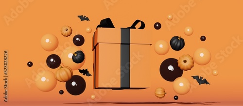 Halloween sale Pumpkins orange gift box black bats floating bubbles website social media banner Thanksgiving shopHalloween sale Pumpkins orange gift box black flying bat floating bubble fall weping 3D photo