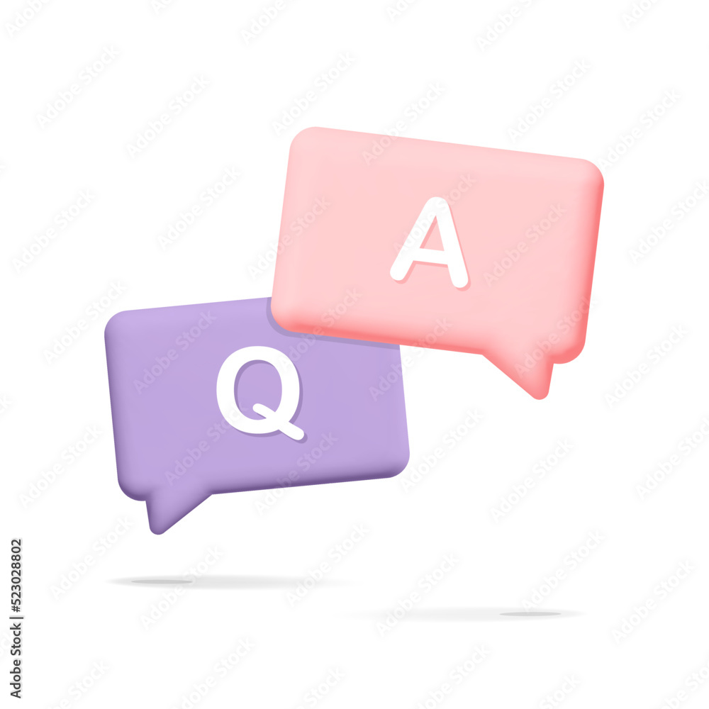 Question and answer speech bubble 3d vector design illustration. Purple and pink rectangle push notification. FAQ, information, q and a letter, support, web, online customer help concept. Question and answer speech bubble 3d vector design illustration. Purple and pink rectangle push notification. FAQ, information, q and a letter, support, web, online customer help concept.