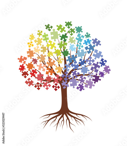 Abstract tree with leaves made of a multicolored puzzles and roots. Isolated on white background. Flat style, vector illustration.