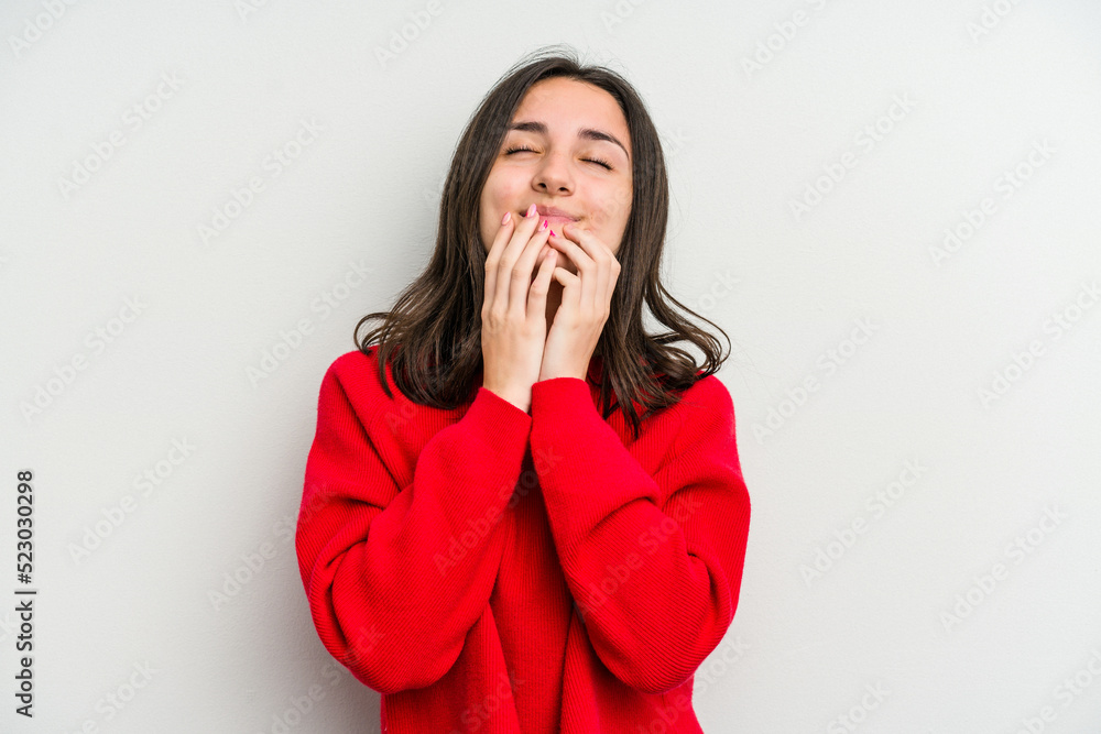 Young caucasian woman isolated on white background laughing about something, covering mouth with hands. Young caucasian woman isolated on white background laughing about something, covering mouth with hands.