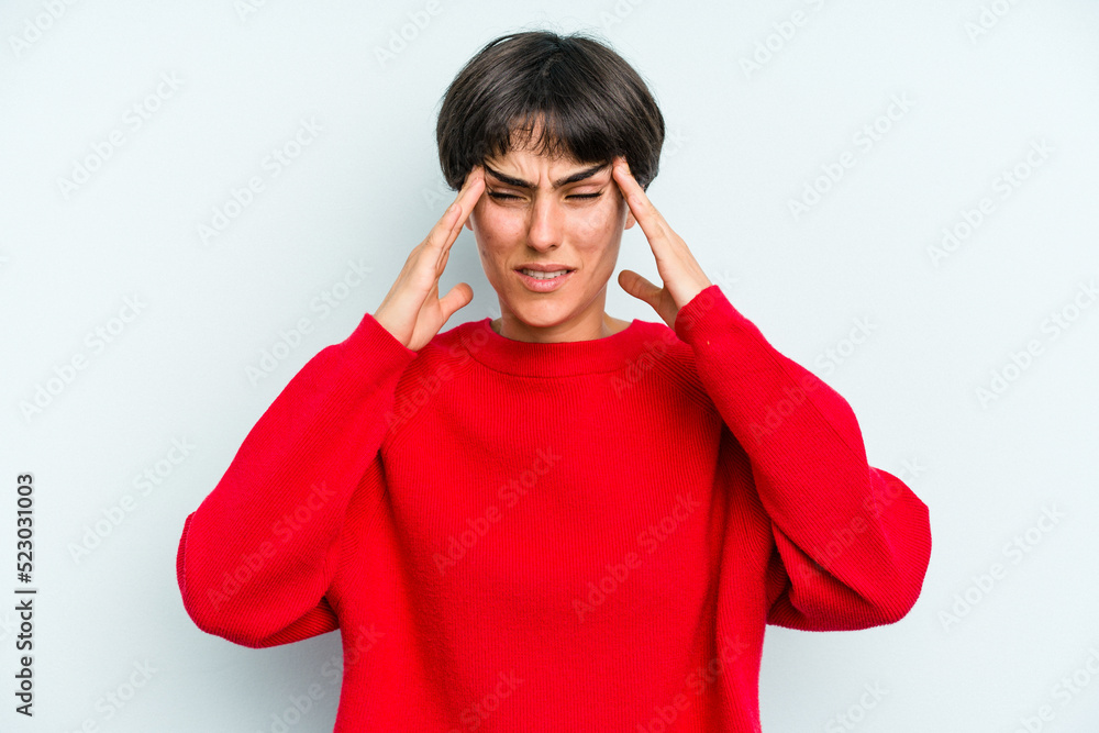 Young caucasian woman with a short hair cut isolated touching temples and having headache. Young caucasian woman with a short hair cut isolated touching temples and having headache.