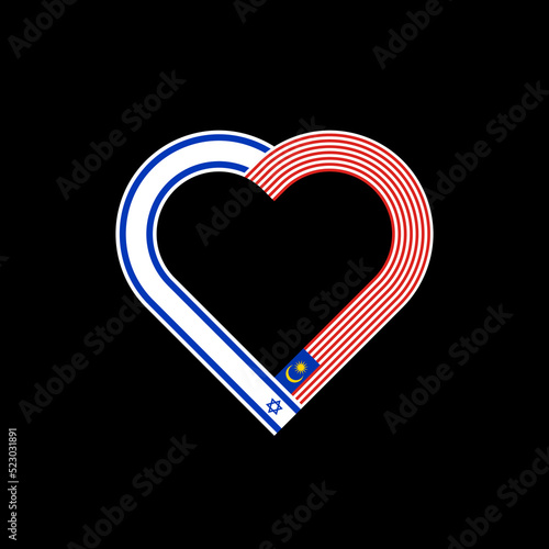 unity concept. heart ribbon icon of israel and malaysia flags. vector illustration isolated on black background