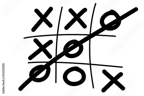 Tic tac toe. Hand drawn sketch tic tac toe kids game. X-O children game set. Win in tictactoe. Vector doodle illustration on white background.