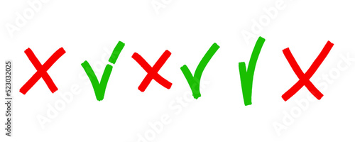 Hand drawn checkmark cross  check mark. Marker brush check marks answers in test, confirmation, negation icons. Checklist marks template, voting set. Vector flat illustration isolated on white.