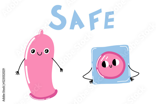 Condom character. Safe sex. Cartoon condom. Safe sex, contraception. Cute emoji preservative. Vector illustration on a white background.