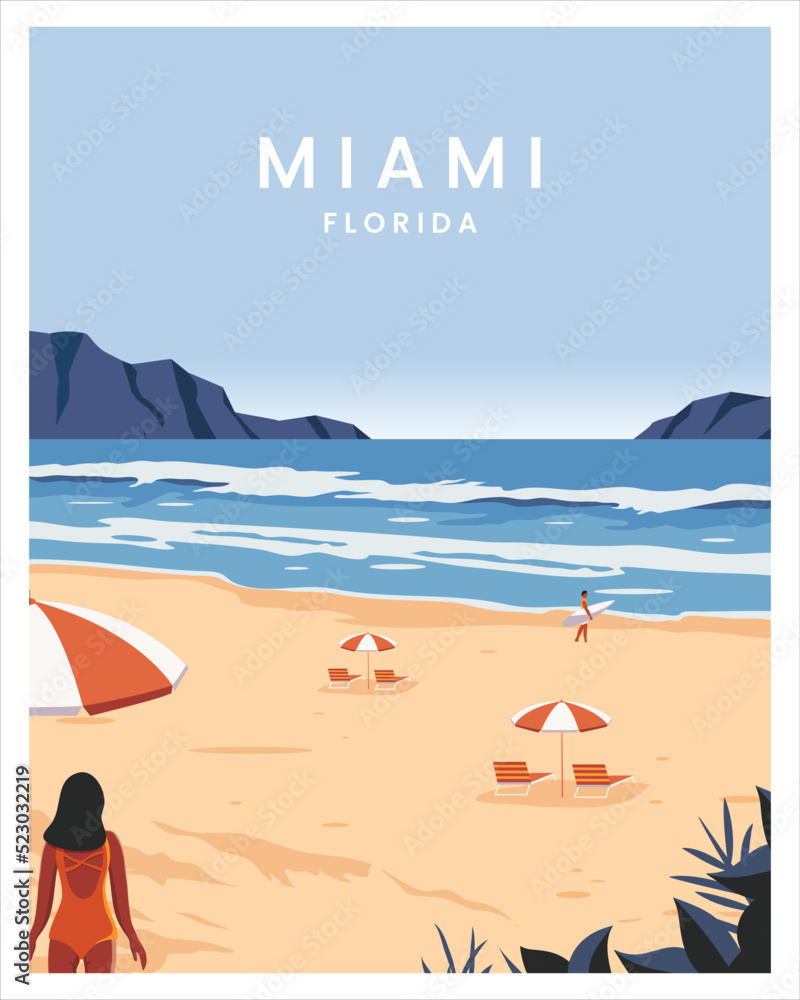 summer in miami beach florida. poster vector illustration with minimalist style.  - obrazy, fototapety, plakaty 
