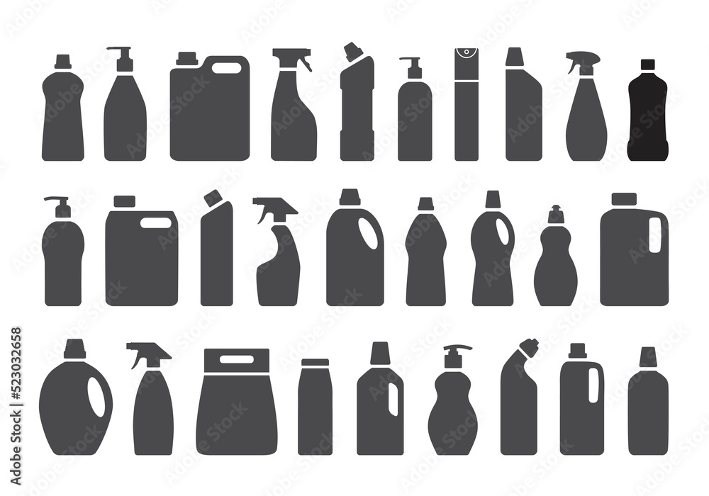 Fototapeta premium Collection of cleaning and washing products. Isolated on white background. Black and white. Vector illustration. 