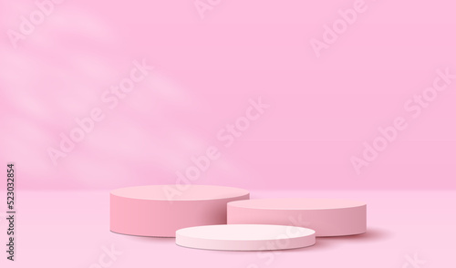 Premium show 3d pink podium cylinder pedestal with light shadow background.