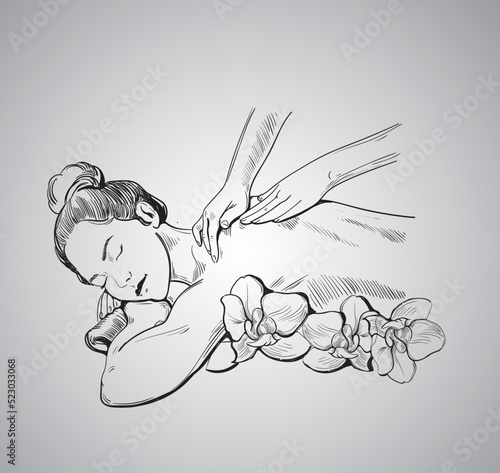 Relaxed woman getting back massage in spa with professional massage therapist. Wellness, healing and relaxation concept. line