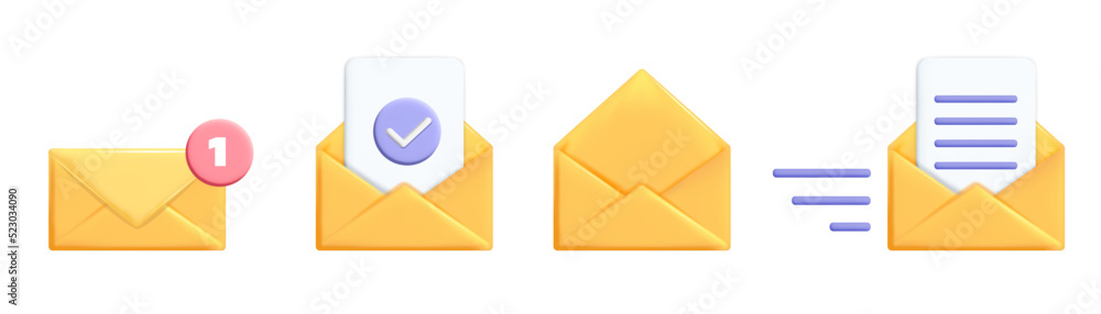 Collection of 3d vector yellow mail envelope icons illustration. Envelope with new notification message, send letter, document sheet of paper with purple check mark symbol, mail fast delivery symbol Collection of 3d vector yellow mail envelope icons illustration. Envelope with new notification message, send letter, document sheet of paper with purple check mark symbol, mail fast delivery symbol