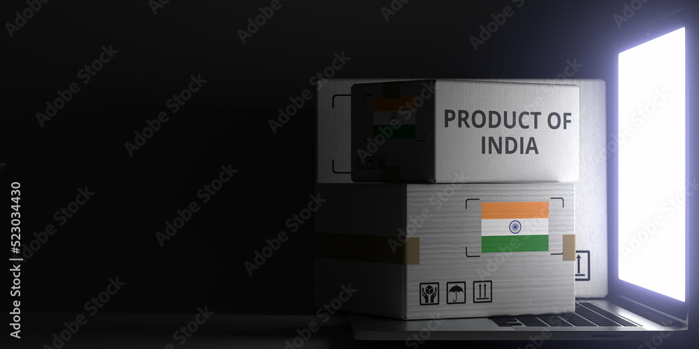 PRODUCT OF INDIA text and flag sticker on the boxes on the laptop on dark background. 3D rendering PRODUCT OF INDIA text and flag sticker on the boxes on the laptop on dark background. 3D rendering
