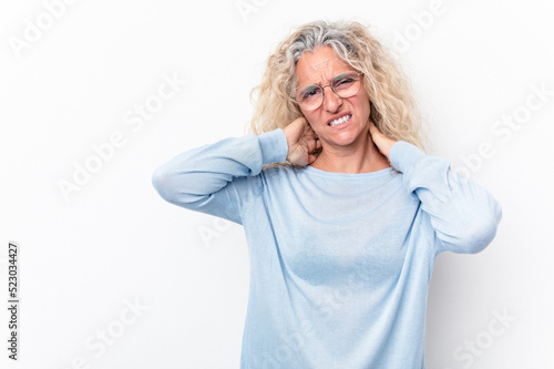 Middle age caucasian woman isolated on white background touching back of head, thinking and making a choice.