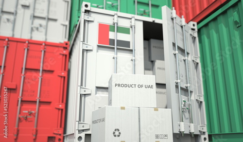 Cargo containers and boxes with products from the UAE. National industry related conceptual 3D rendering