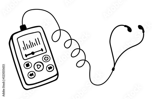 Mp3 player with earphones. Doodle drawing in a white background. Vector outline illustration
