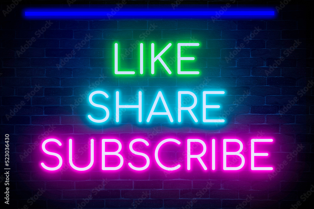 Like, share, subscribe neon banners on bricks wall background, light signboard followers, and social media content channels. Like, share, subscribe neon banners on bricks wall background, light signboard followers, and social media content channels.