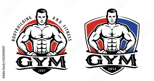 Gym logo template. Design for sport label, fitness badge. Sport symbol, bodybuilding emblem. Vector illustration